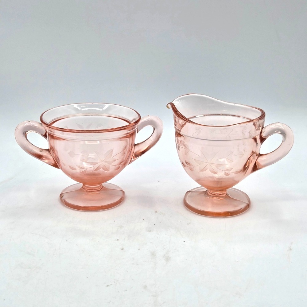 Vintage Pink ‎ Depression Glass Floral Etched  Sugar Bowl and Creamer Set  2pcs